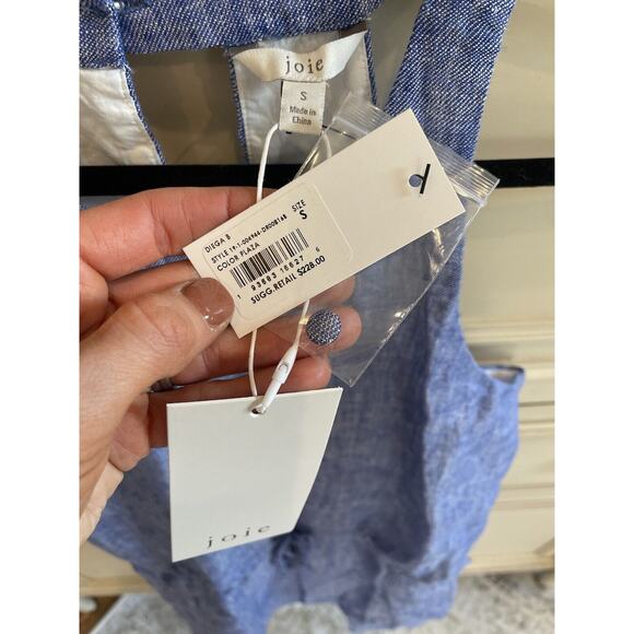 NWT $228 Joie Diega 100% Linen Blue Plaza‎ Mini Dress Small Casual Sleeveless - Picture 2 of 8